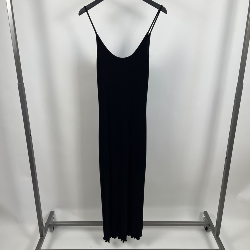 Enza Costa Black Silk Viscose Lettuce Hem Ribbed Dress. Size S.